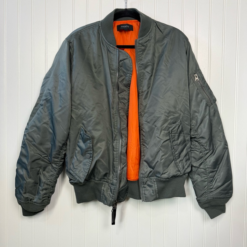Ring of Fire Men's Fly-Weight Bomber Jacket Gray Size Small Ribbed Collar Zip